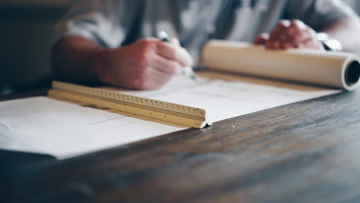 Mains traçant un plan sur une table en bois, avec une règle d'architecte et un rouleau de papier