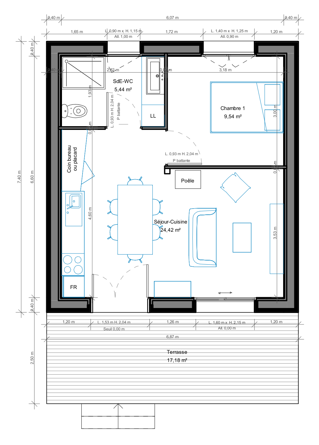 Plan du rez-de-chaussée de la maison bois 40 m² : séjour-cuisine de 24,42 m², chambre de 9,54 m², salle d'eau avec WC de 5,44 m², avec les cotes des pièces et des ouvertures et une terrasse dessinée devant la façade