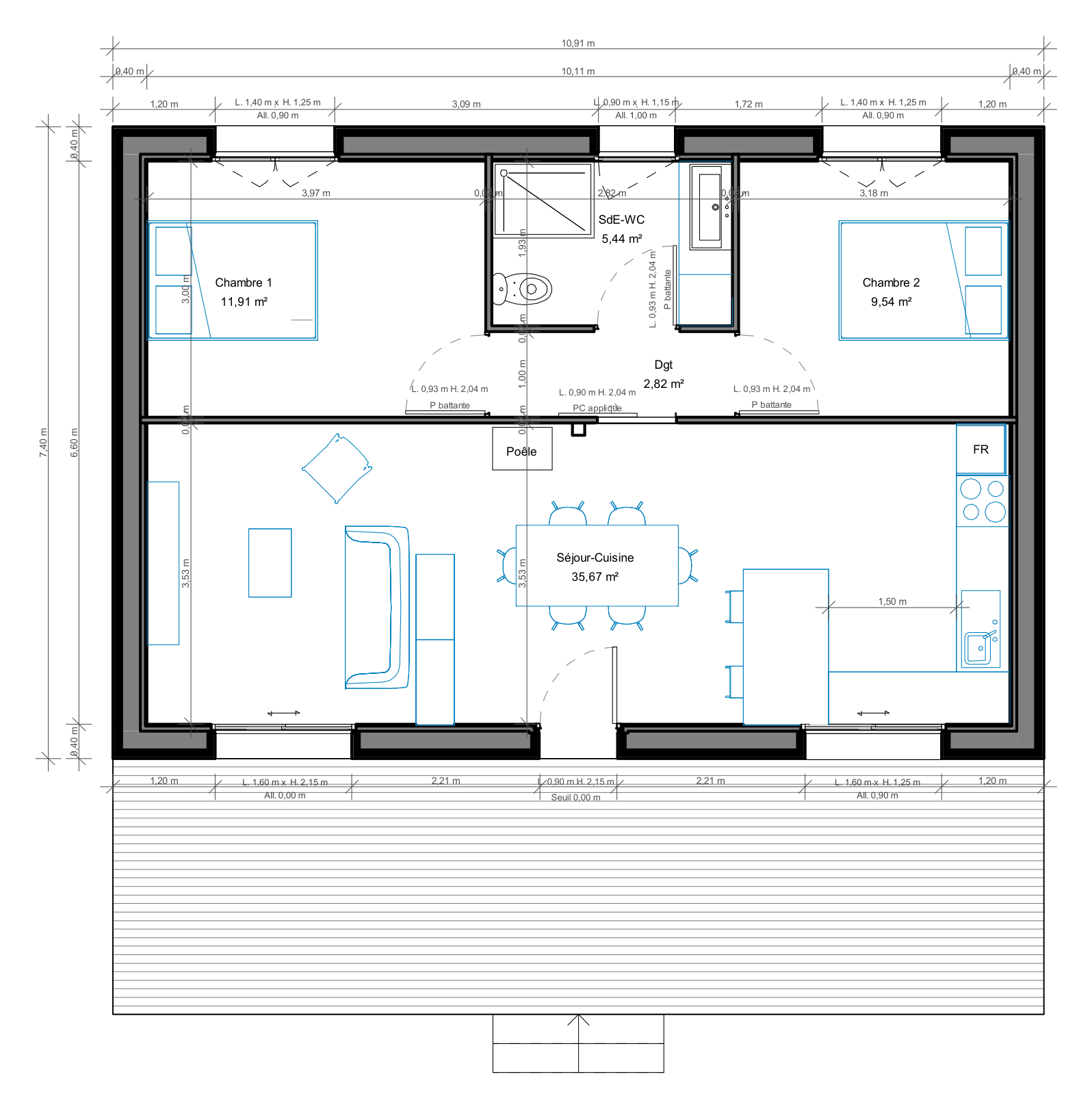 Plan du rez-de-chaussée de la maison bois 65 m² : séjour-cuisine de 35,67 m², chambre 1 de 11,91 m², chambre 2 de 9,54 m², salle d'eau avec WC de 5,44 m², dégagement de 2,82 m², avec les cotes des pièces et des ouvertures et une terrasse dessinée devant la façade