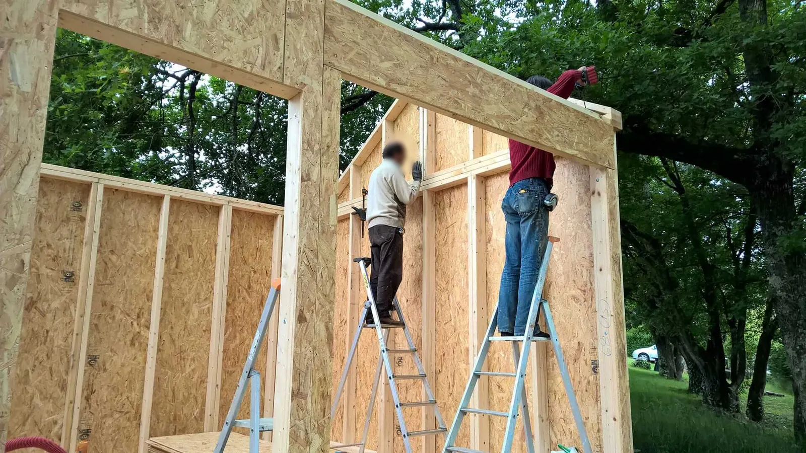 Deux ouvriers sur des escabeaux assemblent des murs à ossature bois faits de montants en bois et de panneaux OSB, en plein air sous les arbres
